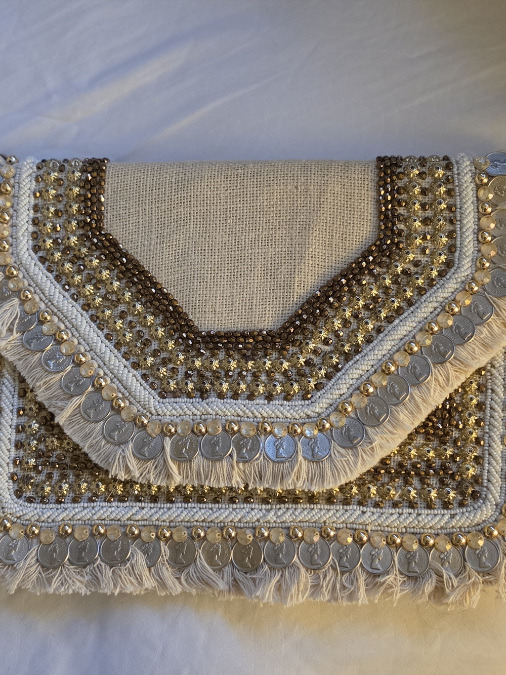 Embellished Cream Fringe Coin-Detail Clutch
